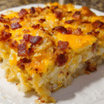 Bacon potato casserole with golden top in baking dish