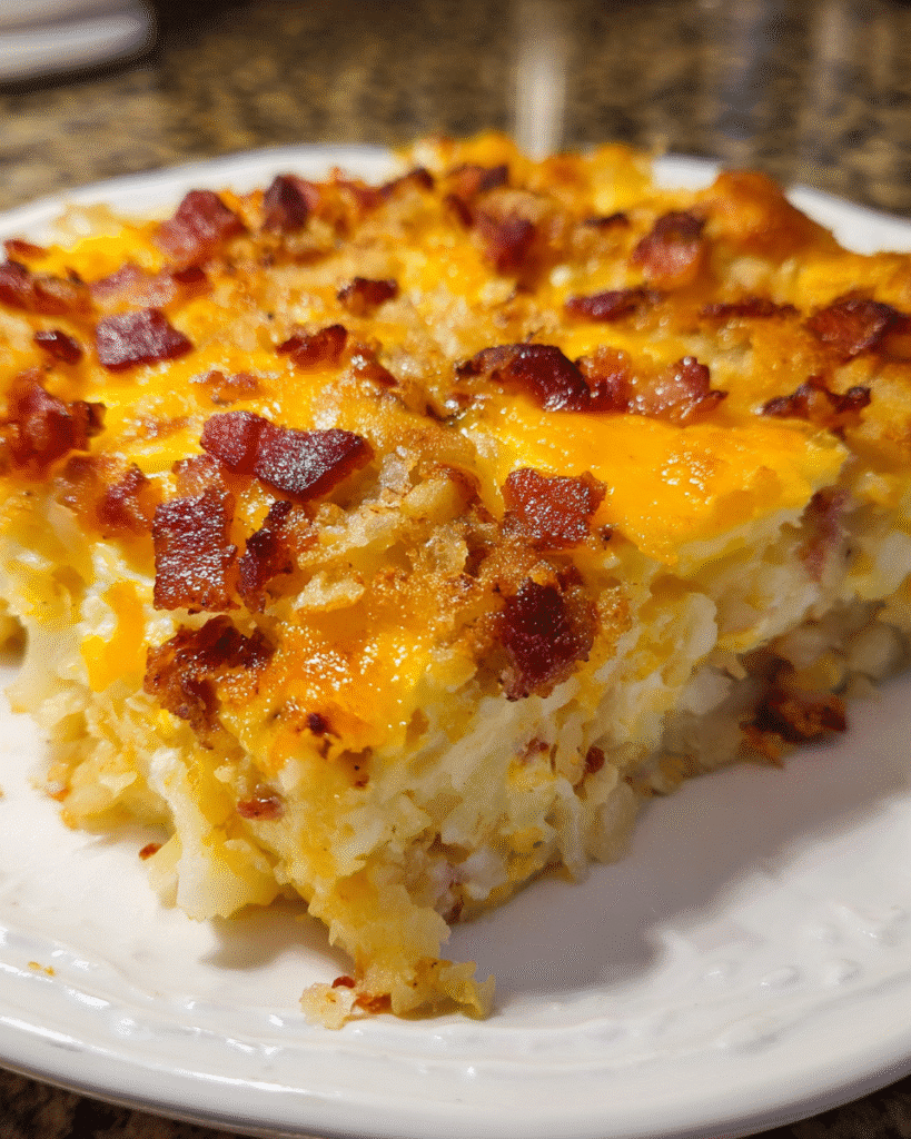 Bacon potato casserole with golden top in baking dish