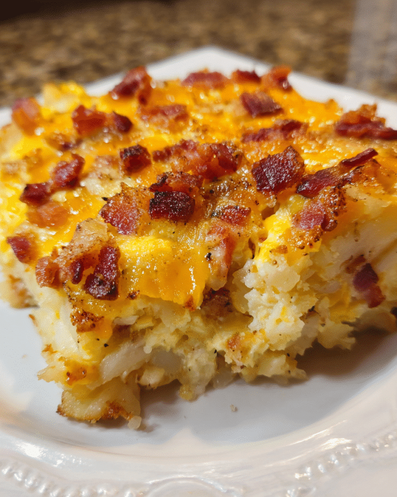 Bacon potato casserole with golden top in baking dish