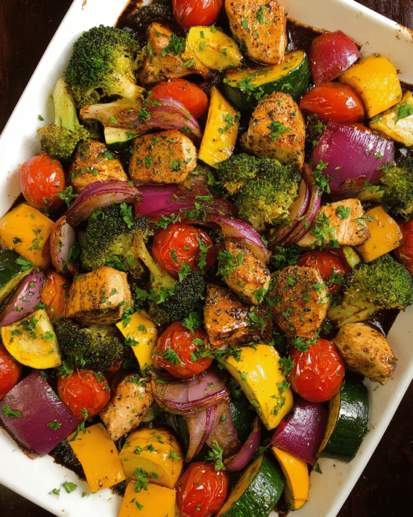 Balsamic Chicken and Veggie sheet pan dinner with roasted vegetables