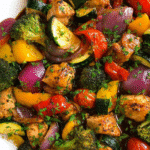 Balsamic Chicken and Veggie sheet pan dinner with roasted vegetables