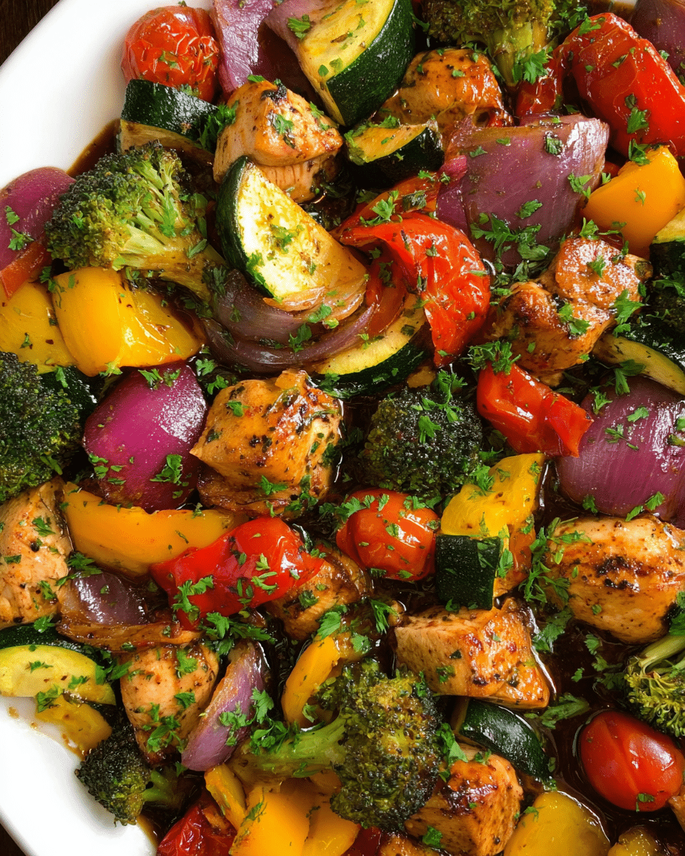 Balsamic Chicken and Veggie sheet pan dinner with roasted vegetables