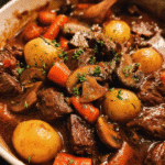 Hearty beef mushroom stew served in a bowl with vegetables