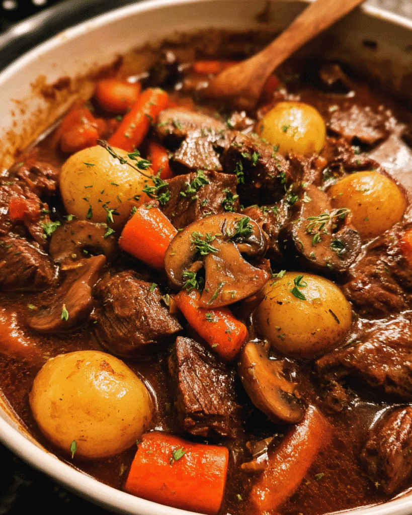 Hearty beef mushroom stew served in a bowl with vegetables