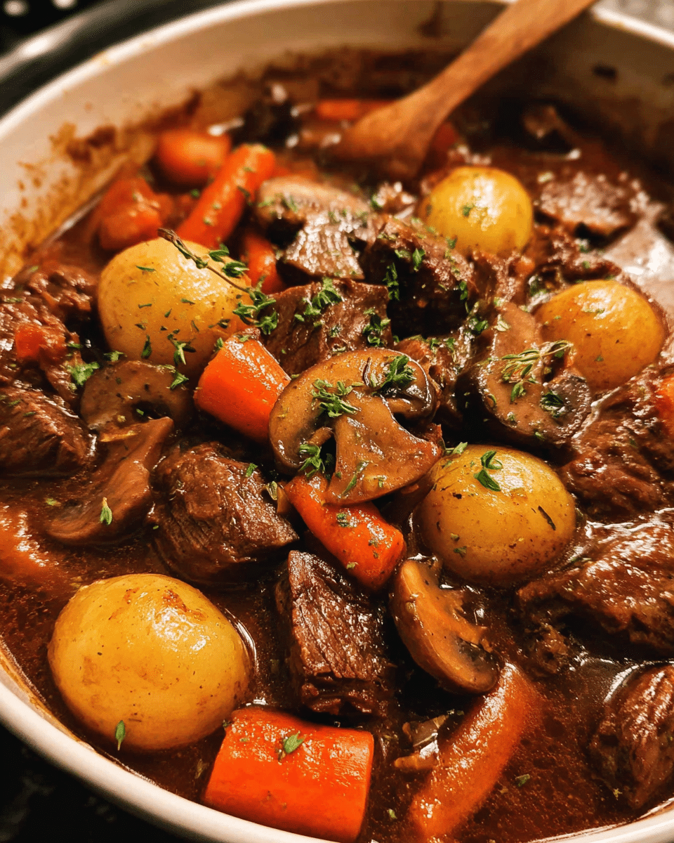 Hearty beef mushroom stew served in a bowl with vegetables