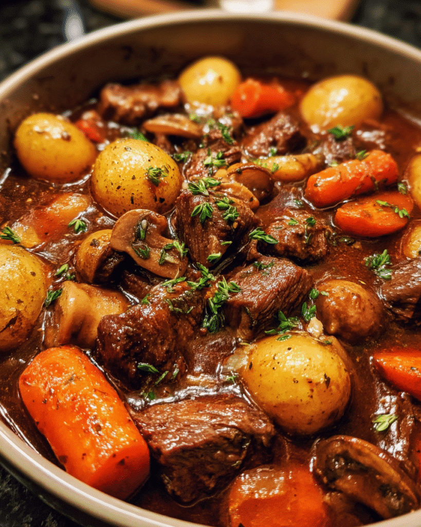 Hearty beef mushroom stew served in a bowl with vegetables