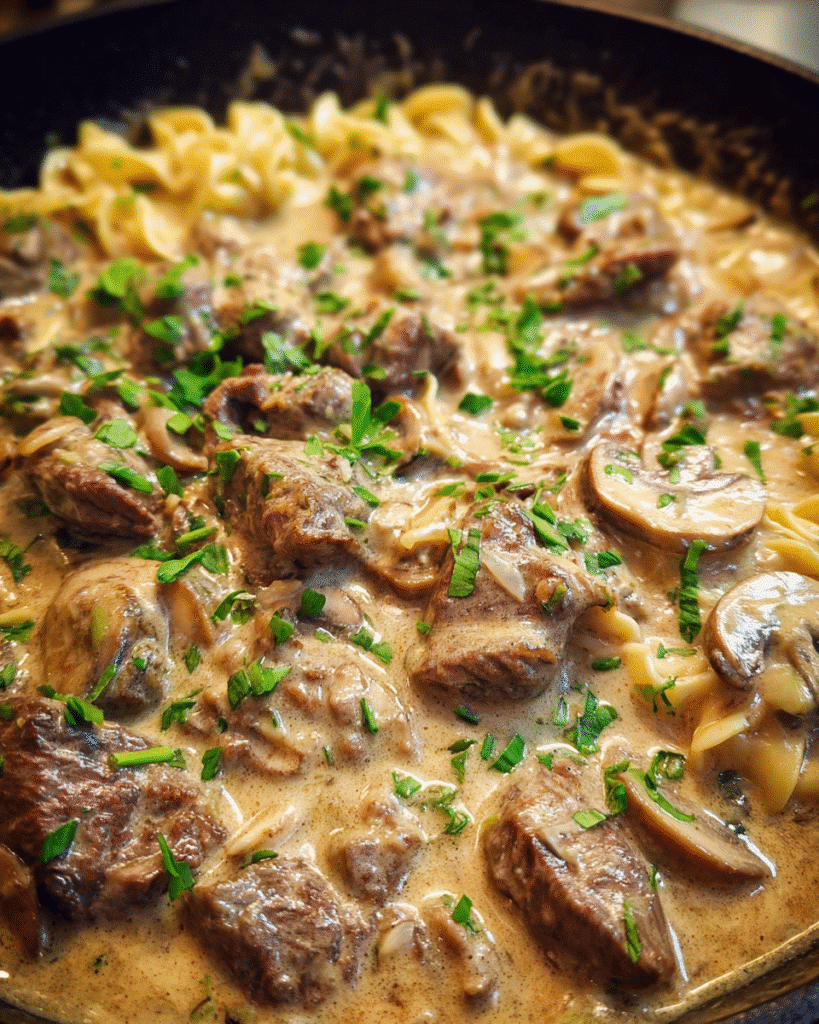 Beef Stroganoff Recipe served over egg noodles with creamy mushroom sauce