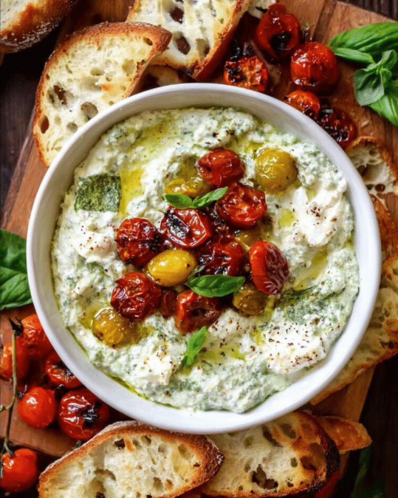 Burrata Pesto Dip with Yogurt topped with roasted tomatoes and basil