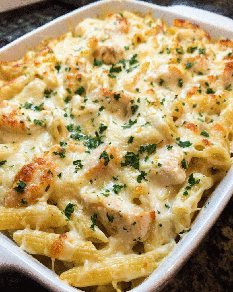 Creamy Chicken Alfredo Bake in a casserole dish