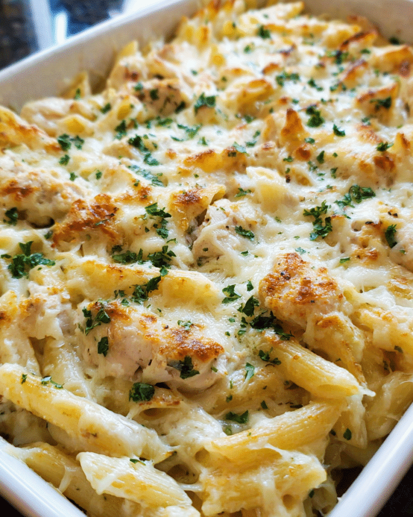 Creamy Chicken Alfredo Bake in a casserole dish