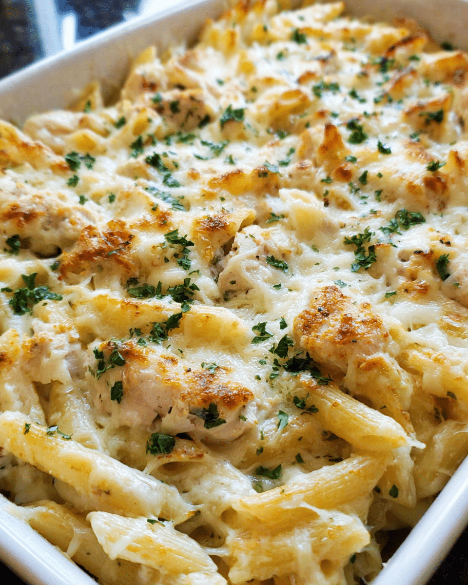 Creamy Chicken Alfredo Bake in a casserole dish