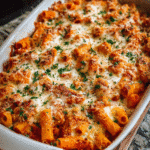 Baked Chicken Parmesan Casserole with melted cheese and golden chicken pieces