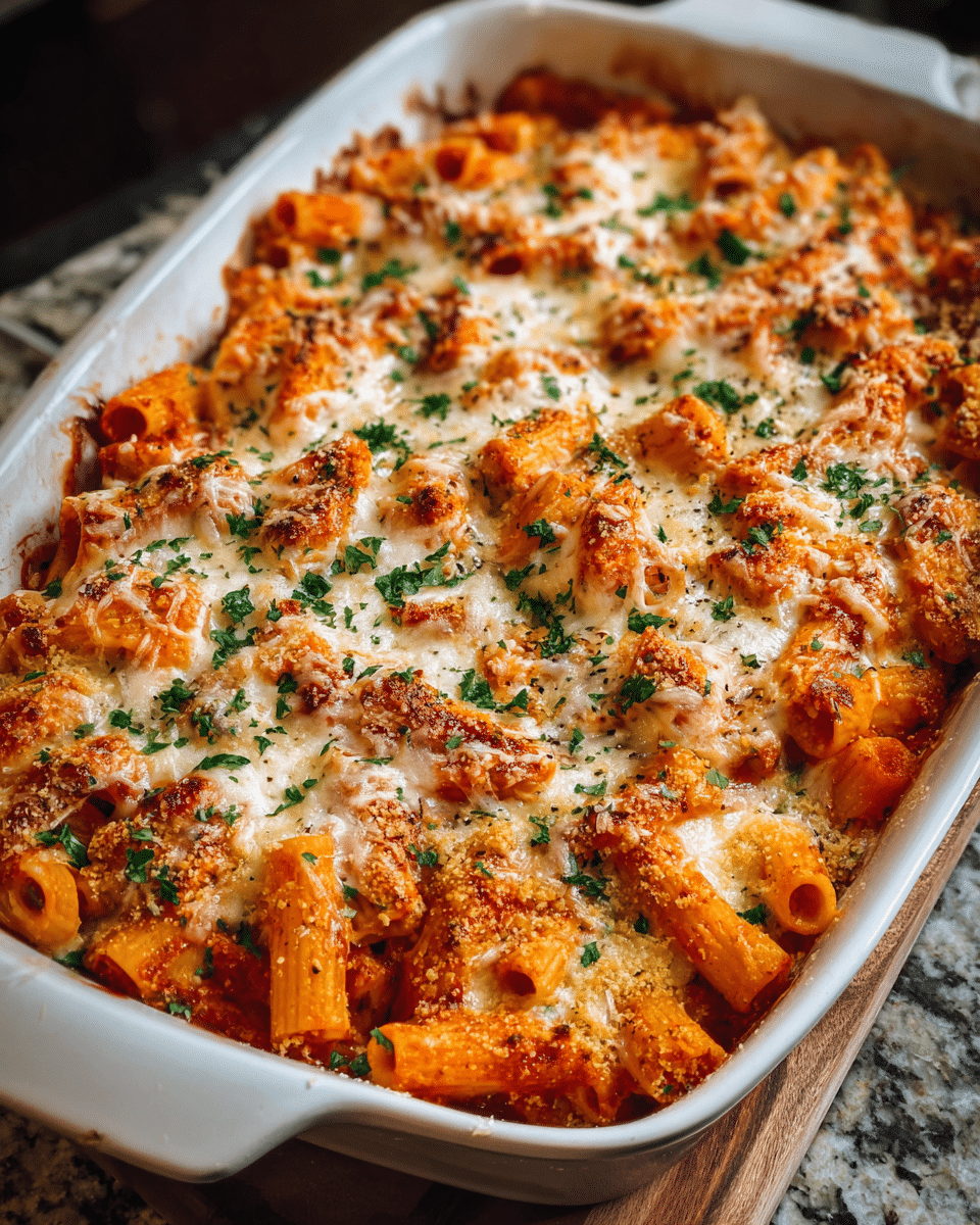 Baked Chicken Parmesan Casserole with melted cheese and golden chicken pieces