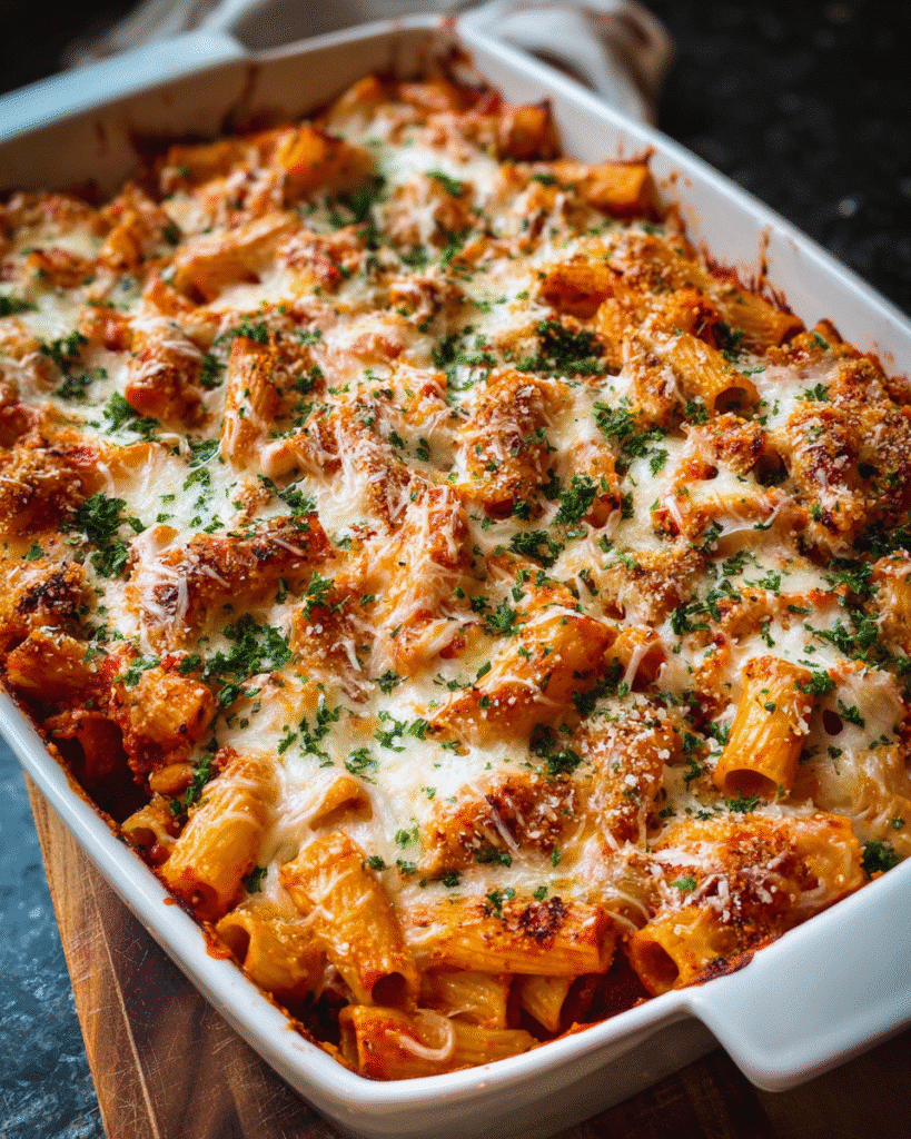 Baked Chicken Parmesan Casserole with melted cheese and golden chicken pieces