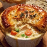 Creamy homemade chicken pot pie with golden puff pastry topping