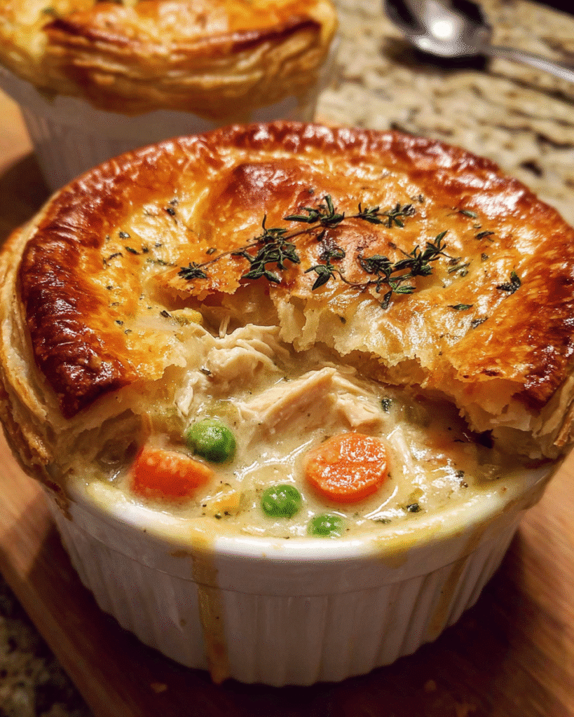 Creamy homemade chicken pot pie with golden puff pastry topping