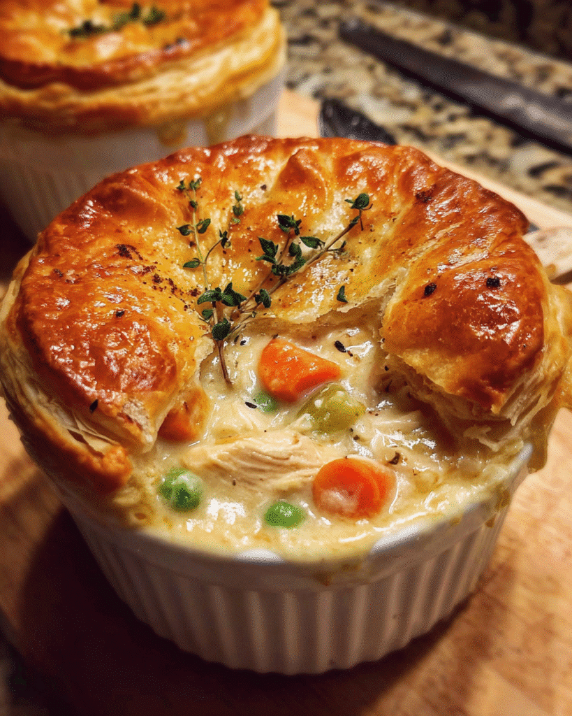 Creamy homemade chicken pot pie with golden puff pastry topping