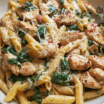 Chicken and spinach skillet pasta in a creamy one-pan sauce