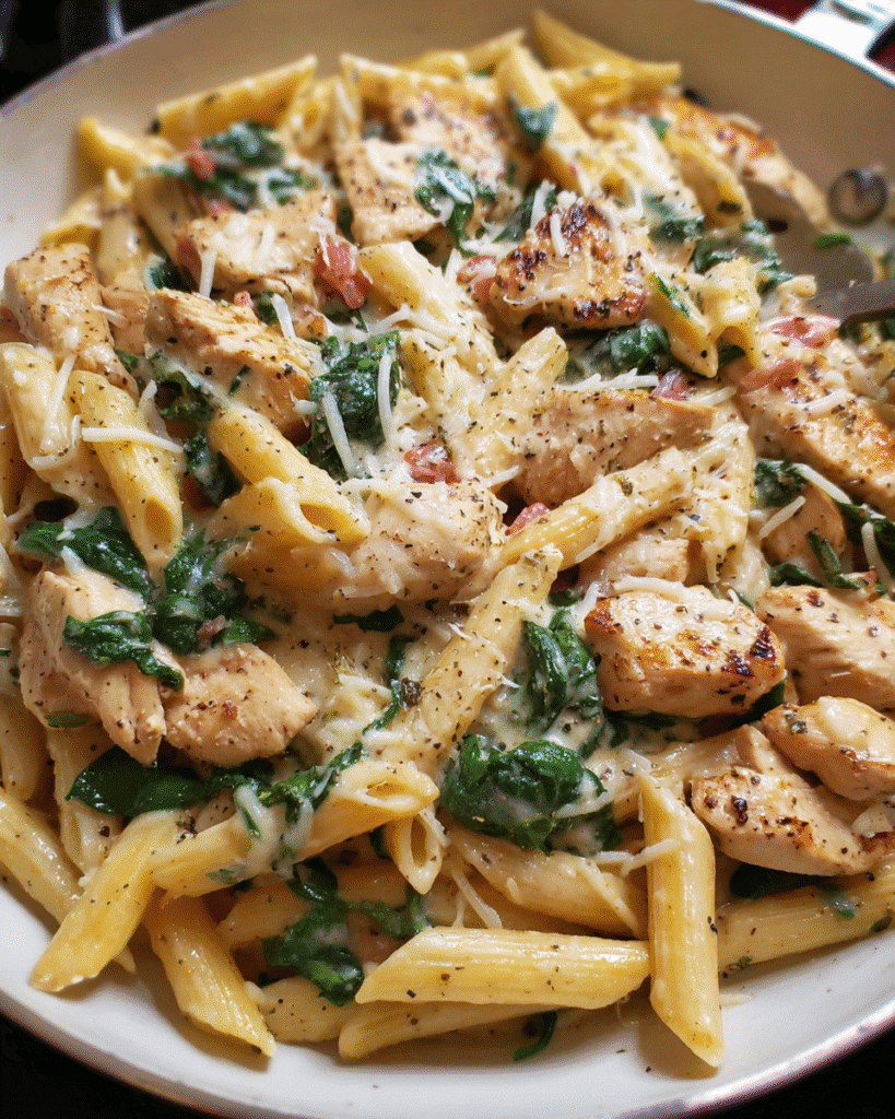 Chicken and spinach skillet pasta in a creamy one-pan sauce