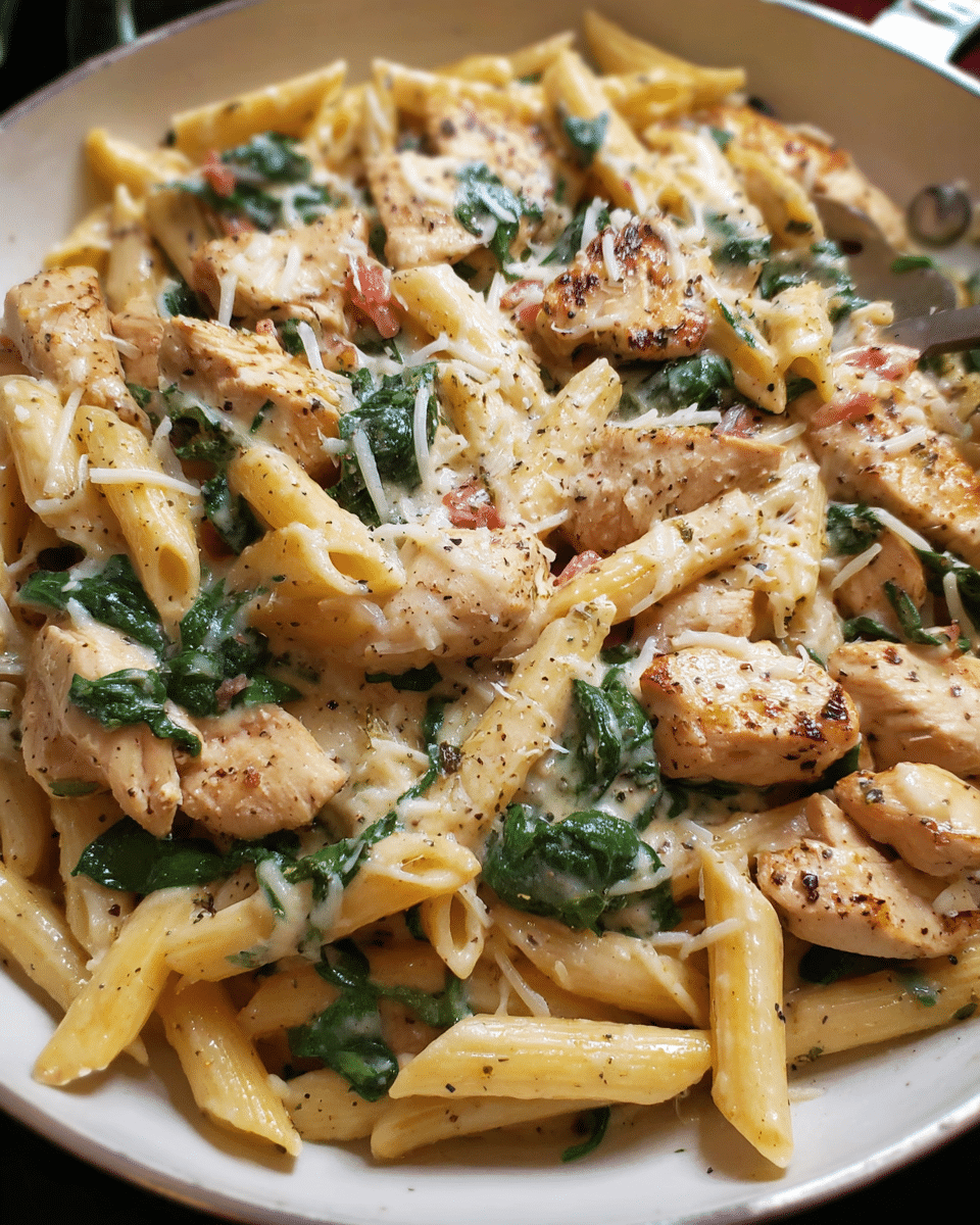 Chicken and spinach skillet pasta in a creamy one-pan sauce