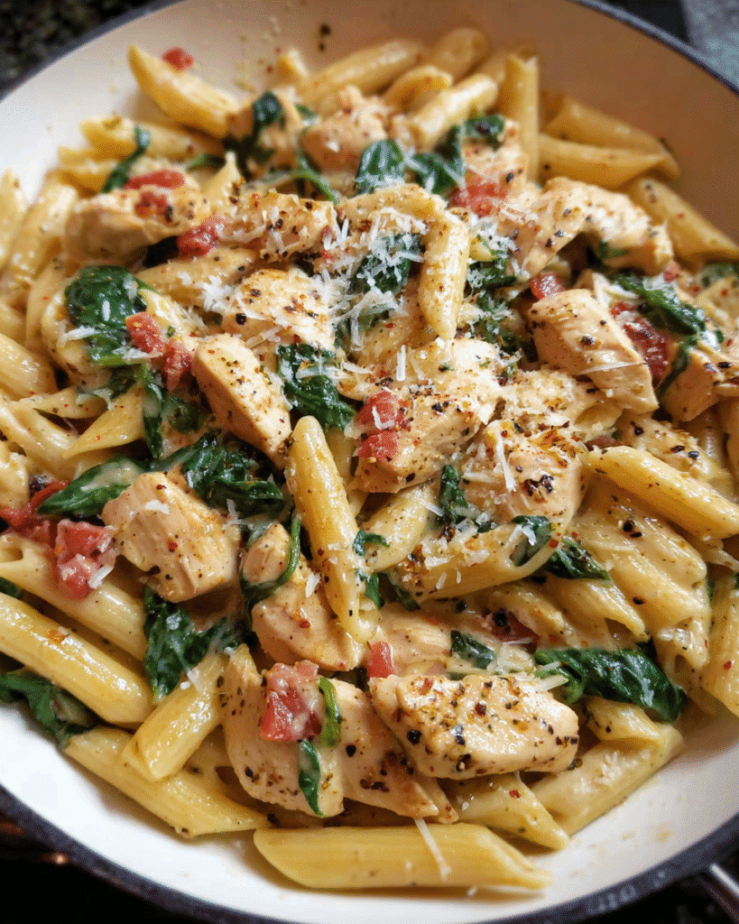 Chicken and spinach skillet pasta in a creamy one-pan sauce