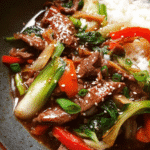 Chinese Beef Stir Fry served with vegetables and rice