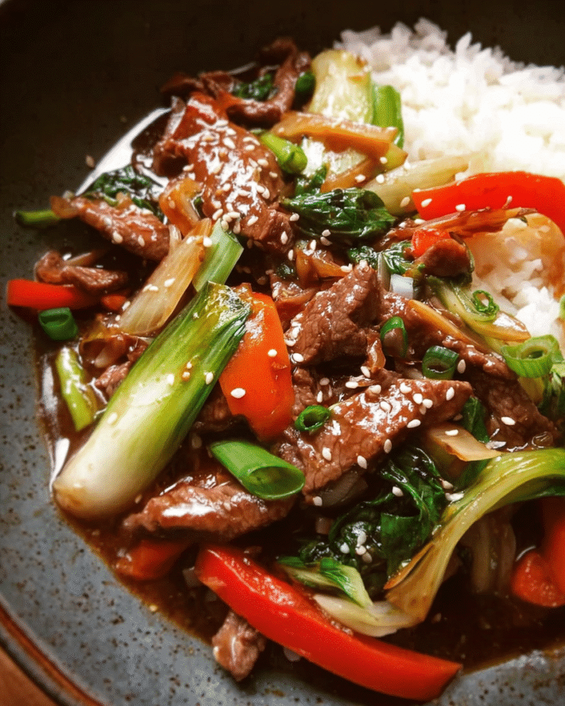 Chinese Beef Stir Fry served with vegetables and rice