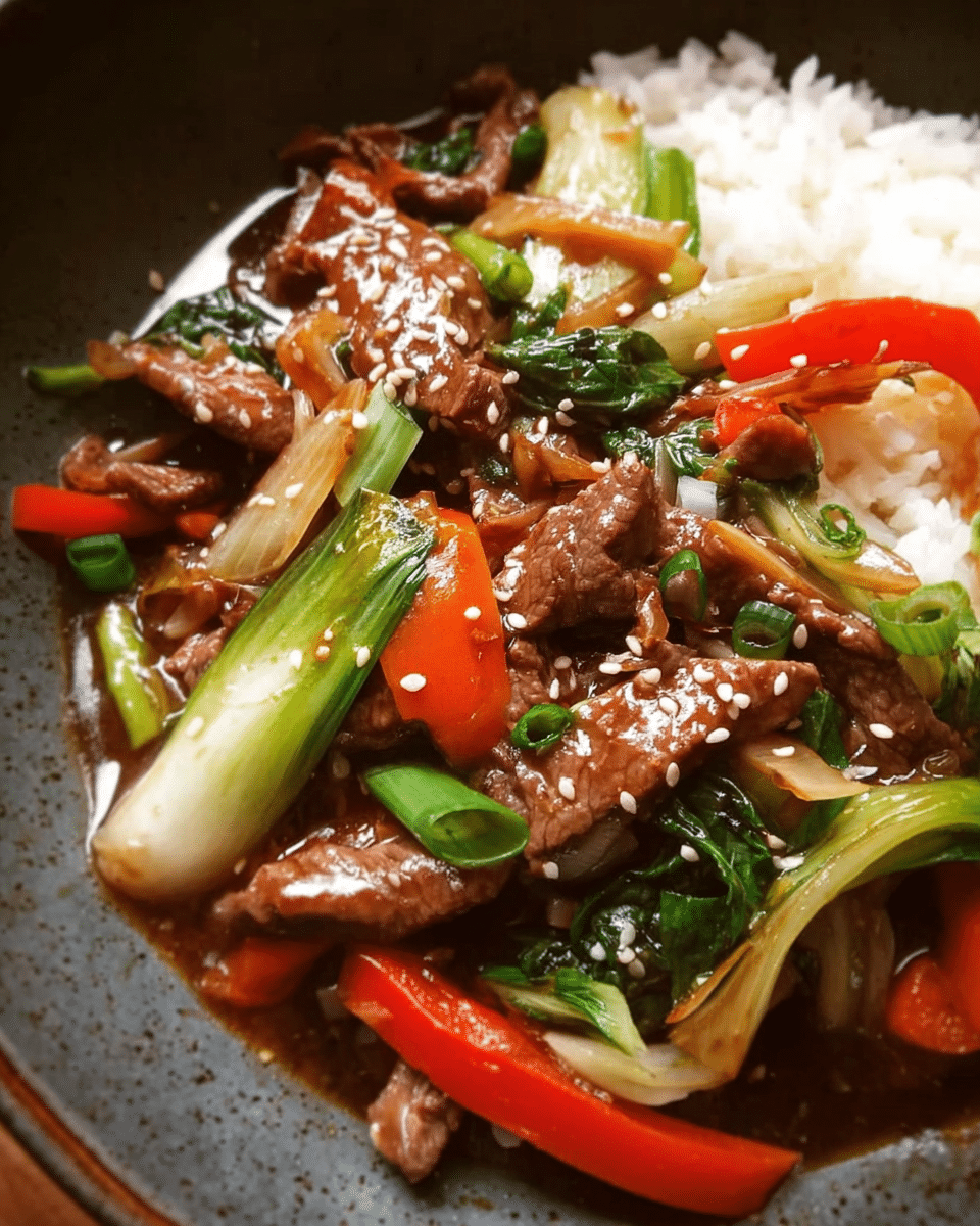 Chinese Beef Stir Fry served with vegetables and rice