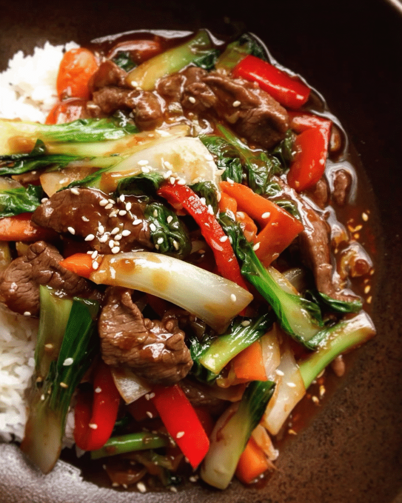 Chinese Beef Stir Fry served with vegetables and rice