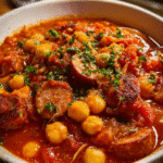 Bowl of chorizo chickpea stew with smoked sausage and tomatoes