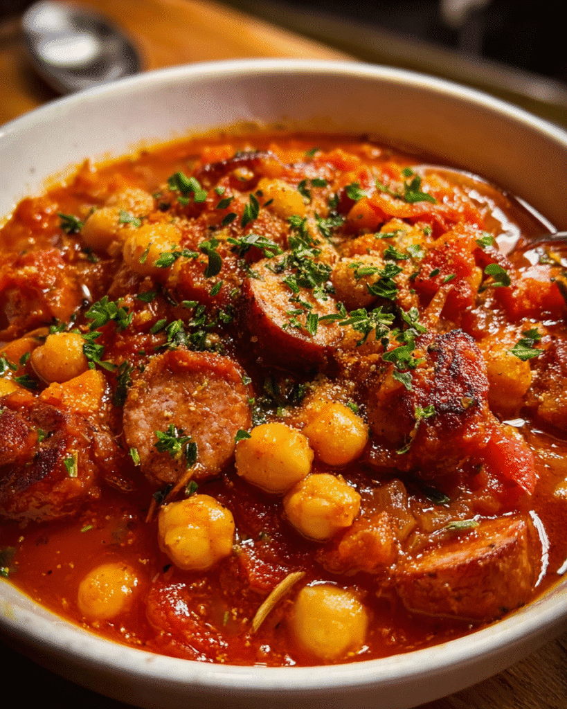 Bowl of chorizo chickpea stew with smoked sausage and tomatoes