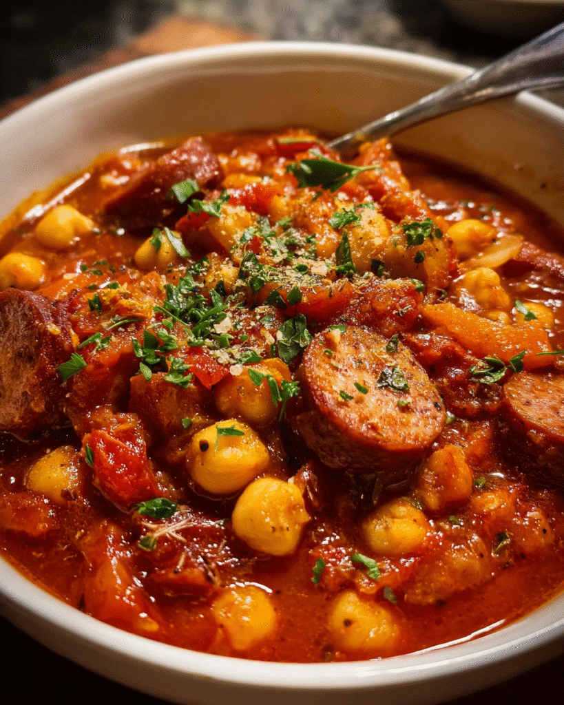 Bowl of chorizo chickpea stew with smoked sausage and tomatoes