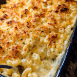 Creamy baked mac and cheese casserole with golden cheese topping