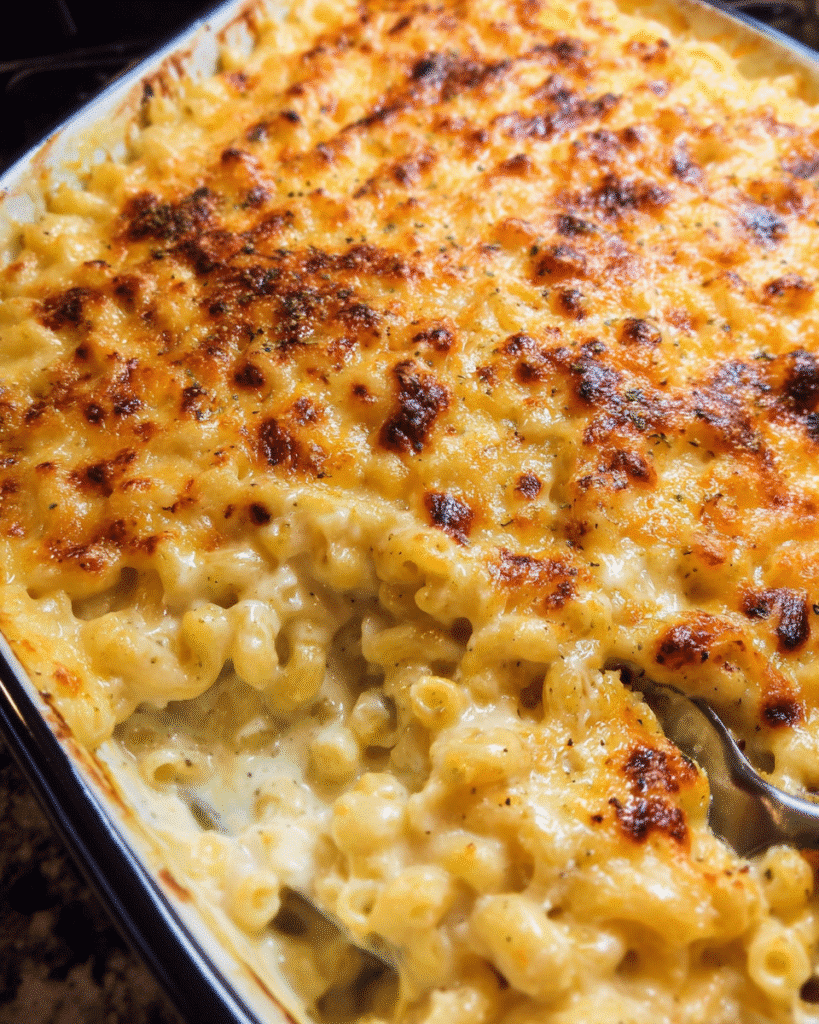 Creamy baked mac and cheese casserole with golden cheese topping
