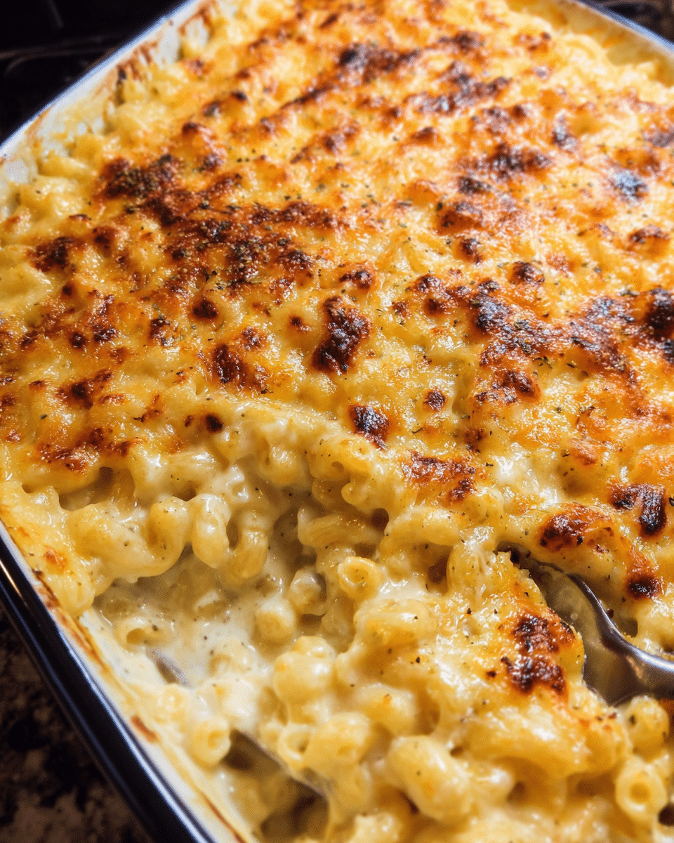 Creamy baked mac and cheese casserole with golden cheese topping