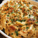 Creamy Cajun Chicken Alfredo Bake in a casserole dish