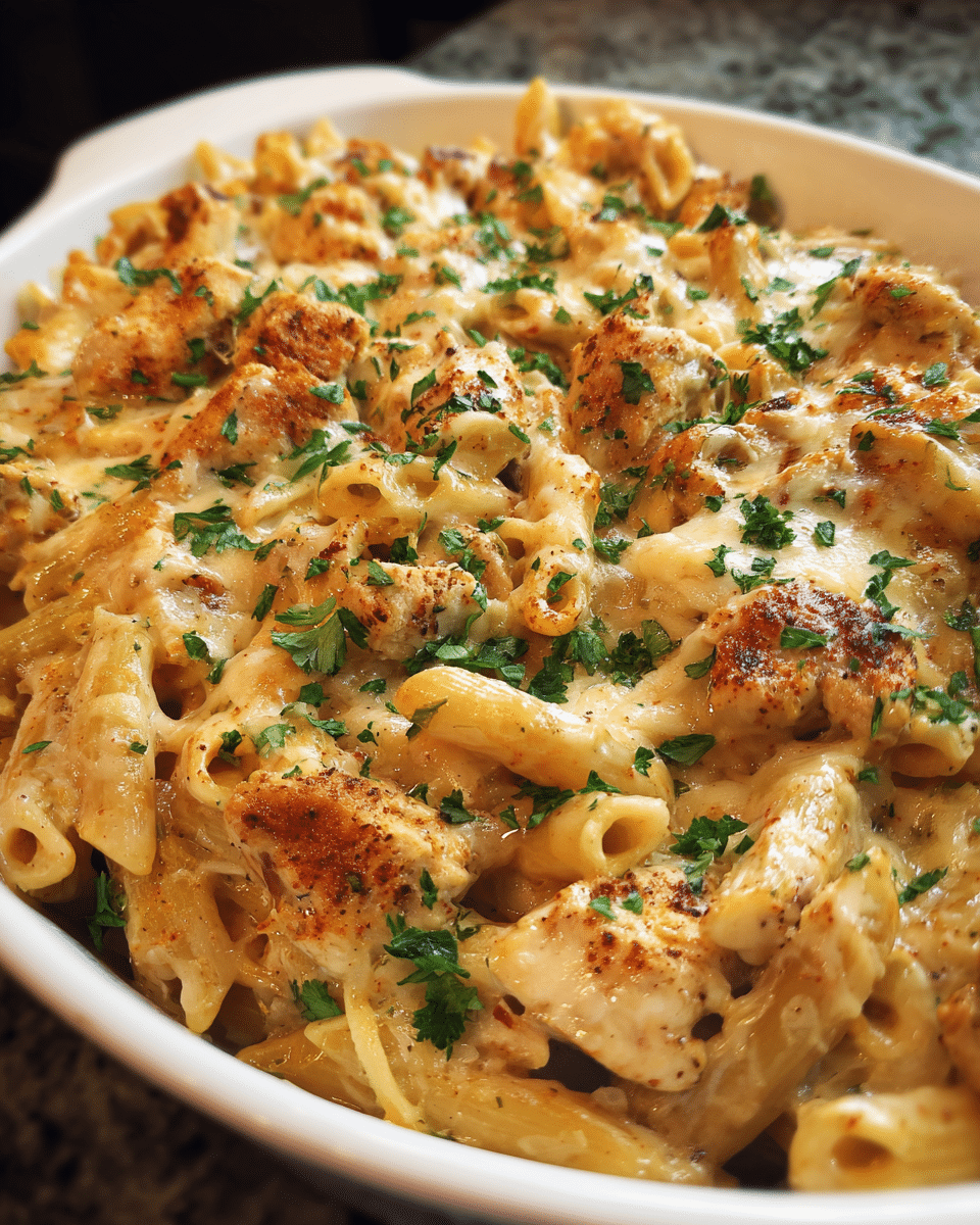 Creamy Cajun Chicken Alfredo Bake in a casserole dish