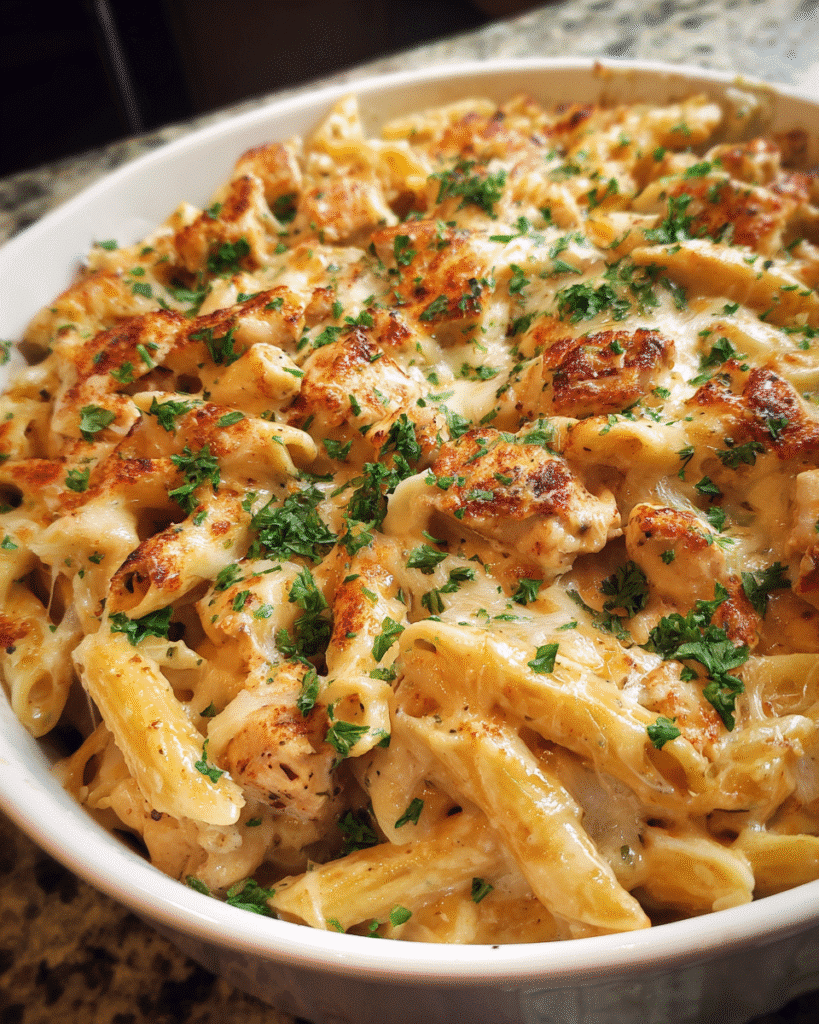 Creamy Cajun Chicken Alfredo Bake in a casserole dish
