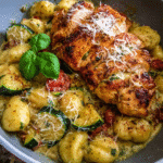 Creamy Chicken Pesto Gnocchi in a skillet with basil and Parmesan