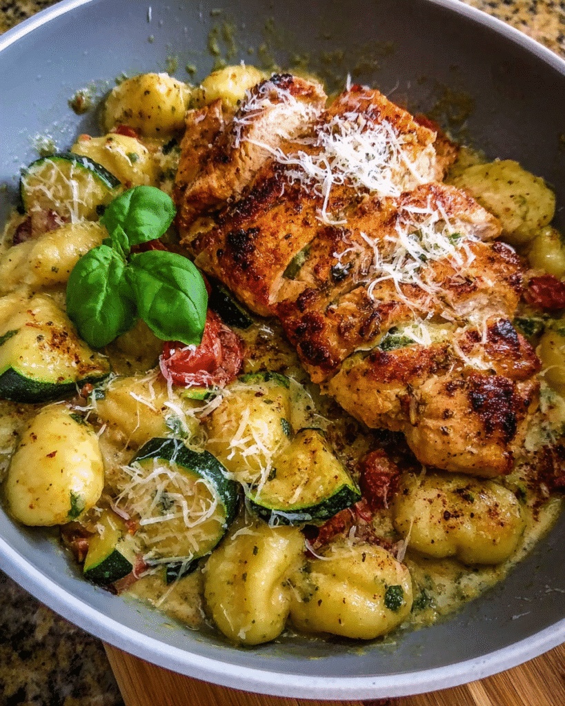 Creamy Chicken Pesto Gnocchi in a skillet with basil and Parmesan