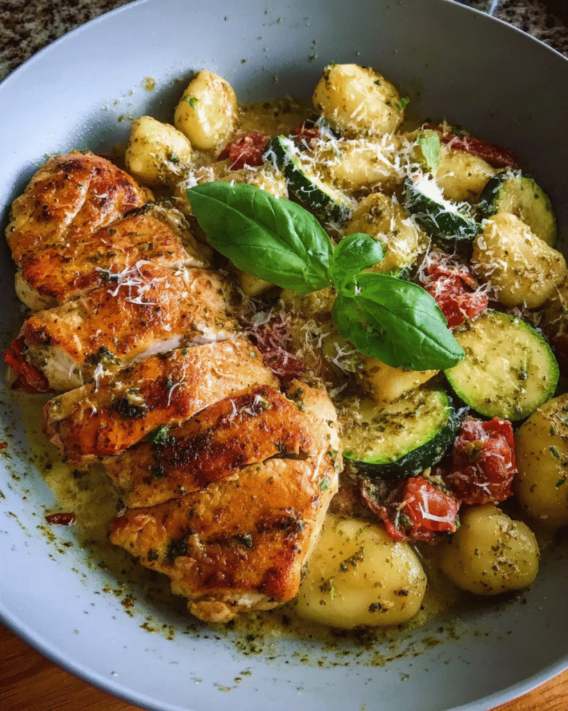 Creamy Chicken Pesto Gnocchi in a skillet with basil and Parmesan