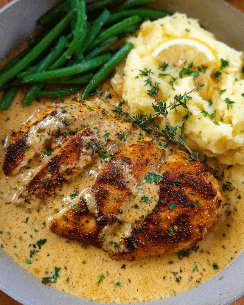 Creamy Garlic Chicken served with mashed potatoes and vegetables