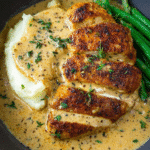 Creamy Garlic Chicken served with mashed potatoes and vegetables