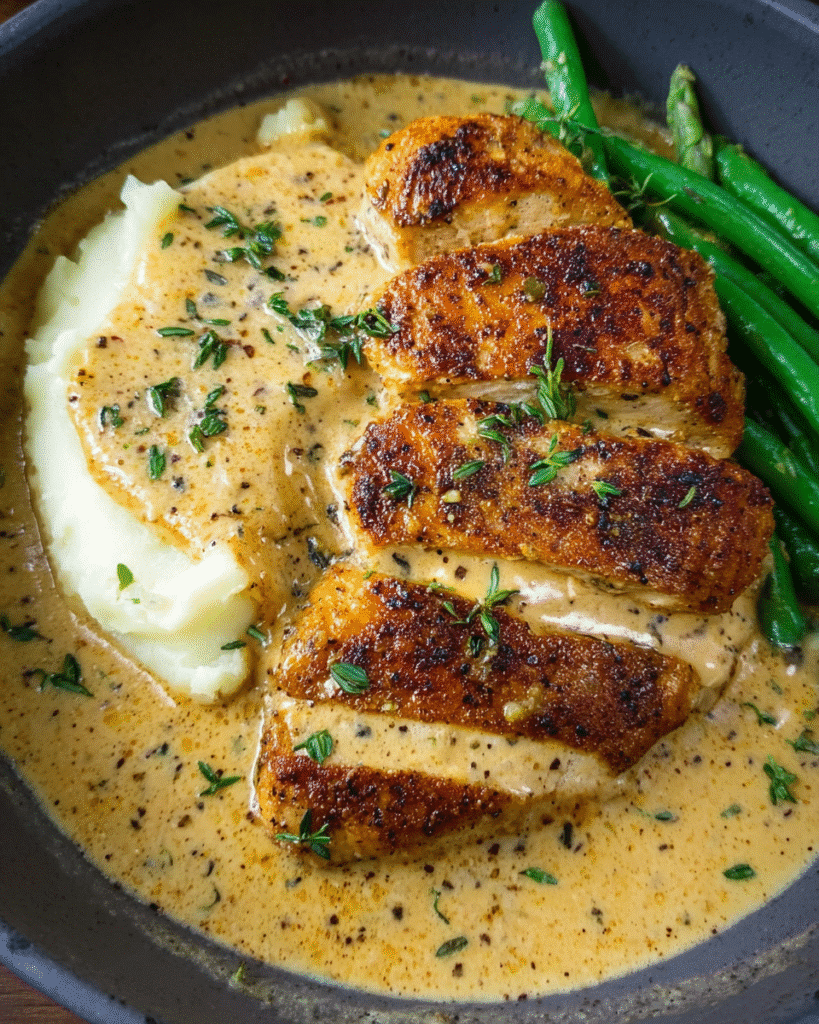 Creamy Garlic Chicken served with mashed potatoes and vegetables