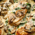 Creamy Parmesan Garlic Mushroom Chicken in skillet
