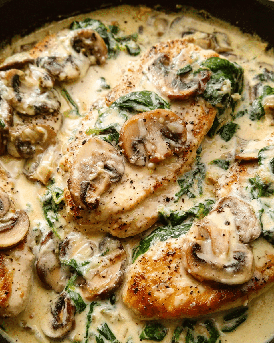 Creamy Parmesan Garlic Mushroom Chicken in skillet
