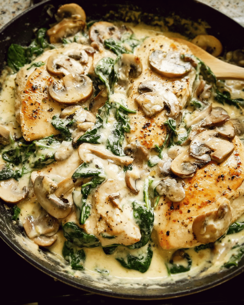 Creamy Parmesan Garlic Mushroom Chicken in skillet