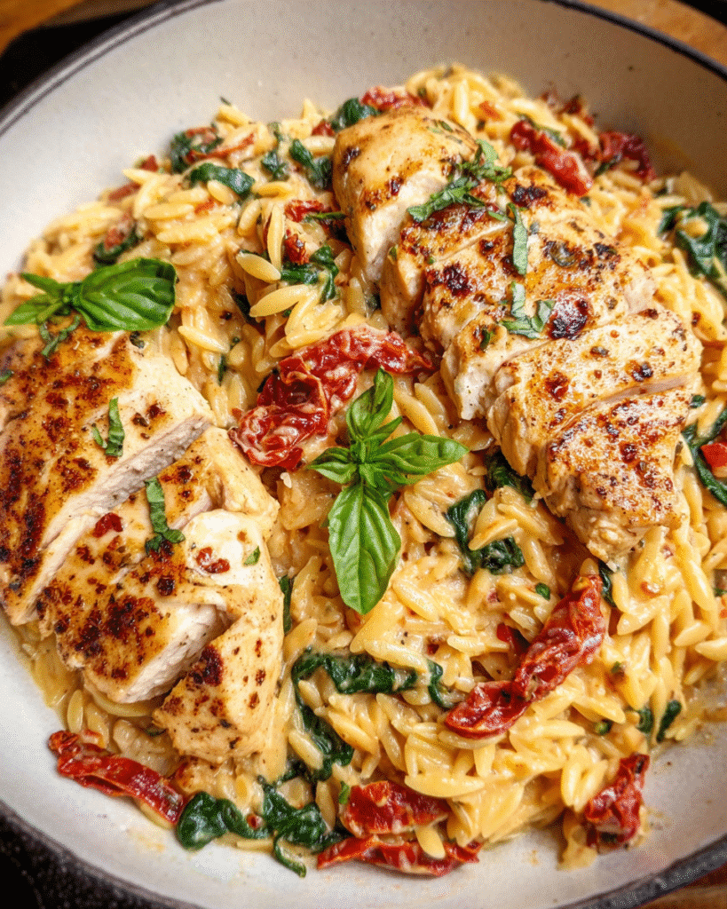 Creamy Tuscan Chicken Orzo in a skillet with spinach and sundried tomatoes