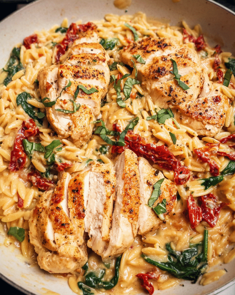 Creamy Tuscan Chicken Orzo in a skillet with spinach and sundried tomatoes