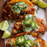 Crispy cheese chicken tacos with avocado cilantro sauce on a plate